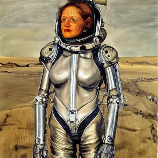 Image similar to high quality high detail painting by lucian freud, hd, woman with scifi suit