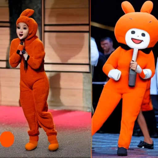 Prompt: ariana grande in a carrot mascot suit