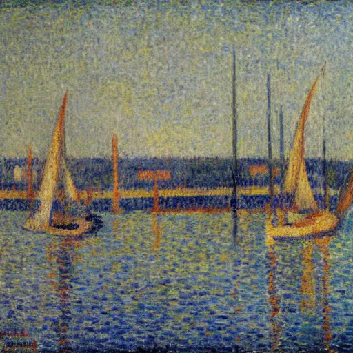 Image similar to vlaardingen harbor, oil painting by seurat, monet, modigliani, renoir