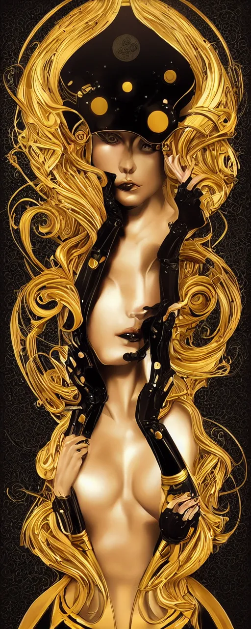 Prompt: beauty art nouveau woman, black and gold robotic, trending on artstation, by Artgerm