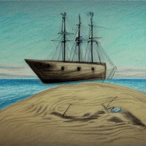 Prompt: A ship on a deserted island, realism drawing