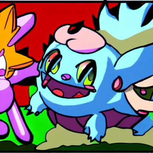Image similar to jigglypuff in hell fighting demon hordes with a machine gun