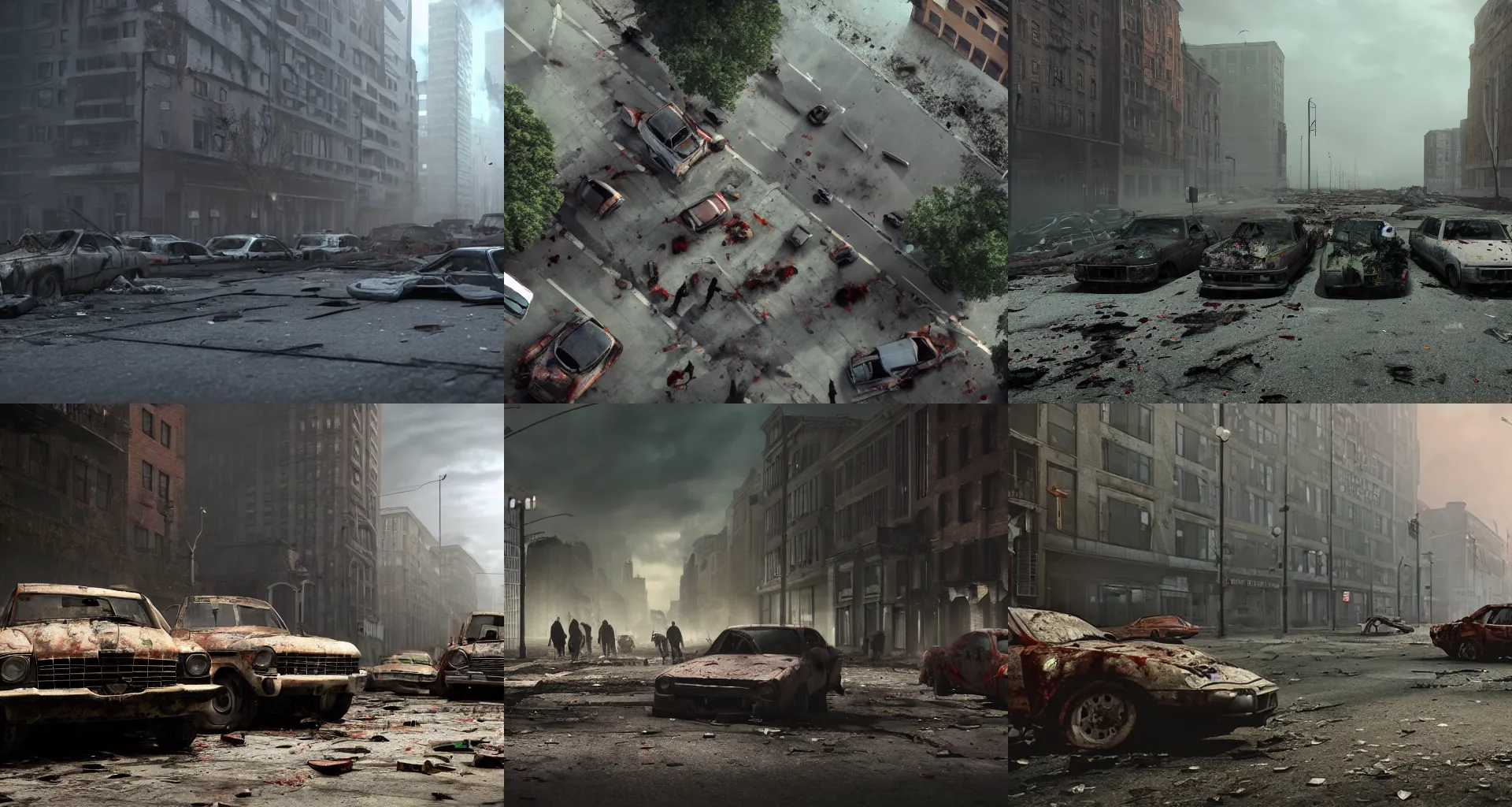 Prompt: Zombie apocalypse, city, zombies in the streets, abandoned vehicles in the streets, Octane Render