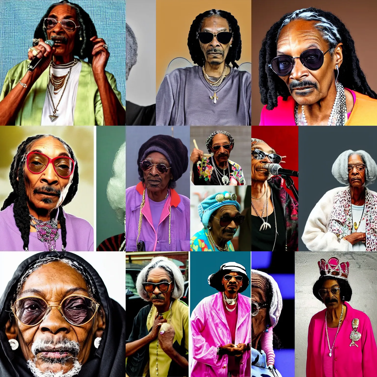 Prompt: an old woman rapper who looks like a mix between snoop dogg and queen elizabeth