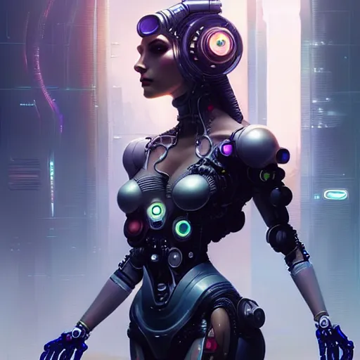 Image similar to a beautiful highly detailed futuristic mechanical lady, seductive confident pose, art by greg rutkowski and mark keathley, cyberpunk, 7 0 mm photo, featured on artstation, 4 k, octane render
