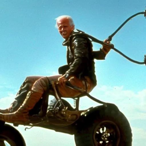 Image similar to The coolest action shot of the lead actor Joe Biden standing on a buggy whirling a leather whip - from the movie Mad Max (1988)