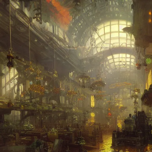 Prompt: detailed painting of a retroscifi interior in 1 9 4 0, floral ornaments, volumetrics lights, beam of bright lights through the clouds, andreas achenbach