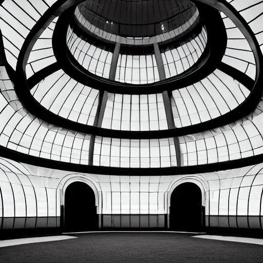 Prompt: circular building by Sir David Adjaye, inside green park, night vision,