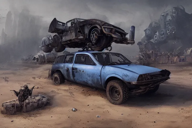 Image similar to a Dacia 1310, in Mad Max style, coriolios rpg art style, full of details, dark sci-fi, cold blue colors, matte painting, artstation, 8k, hyperrealistic, style of peter mohrbacher