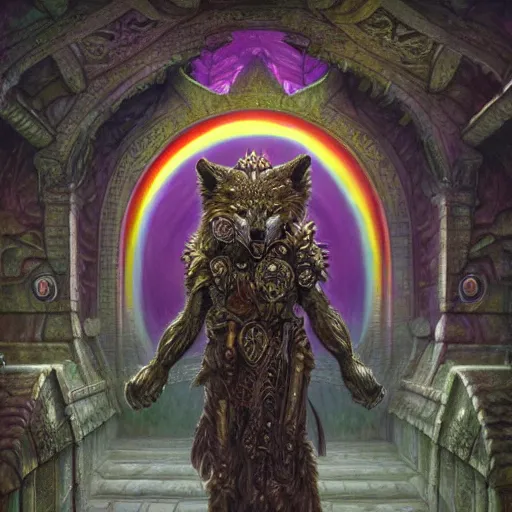 Image similar to anthropomorphic wolf, bismuth rainbow metal armor, standing, cementary, fantasy 3 d render, masterpiece, red aura, by donato giancola and greg rutkowski and wayne barlow and zdzisław beksinski, realistic face