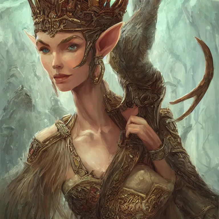 Prompt: portrait of an elf queen, D&D, fantasy, highly detailed, digital painting, artstation, concept art, smooth, sharp focus, illustration, art by Terese Nielsen and Marta Dahlig