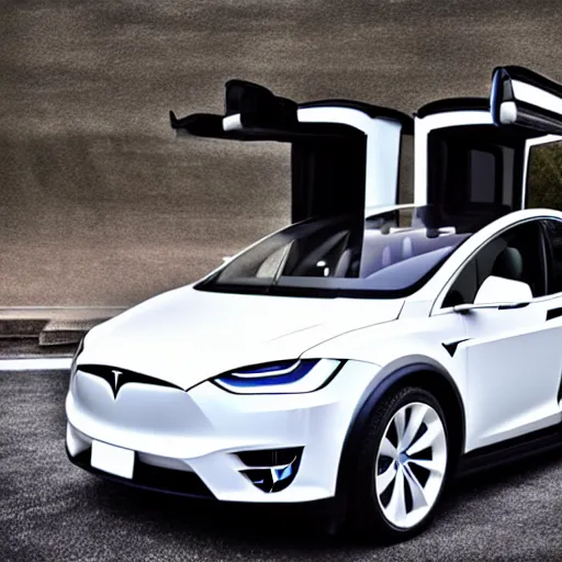 Image similar to full length wide angle photo of a tesla model x as a limousine, advertising photography, hdr 8 k photo