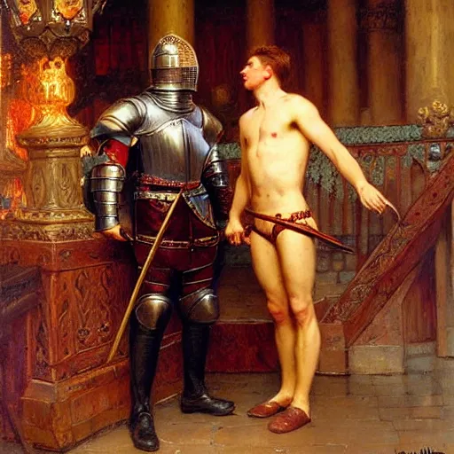 Image similar to attractive fully clothed arthur pendragon confesses his love for his attractive fully clothed male knight. highly detailed painting by gaston bussiere and j. c. leyendecker 8 k