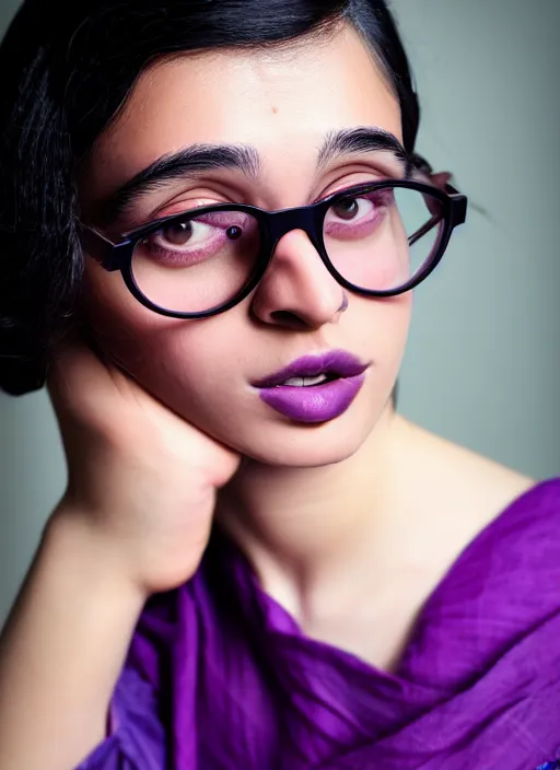 Prompt: kodak portra 4 0 0, 8 k, highly detailed, britt marling style, color studio - portrait of a handsome cute 2 0 year old black haired hyderabadi female with cateye glasses wearing purple, round face, muted colors, up face with 1 9 2 0's hairstyle and cloth style, asymmetrical, hasselblad