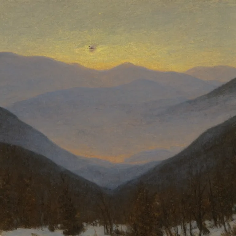 Image similar to new hampshire, mountains, winter, twilight, luminous, abbott handerson thayer, glaze oil painting