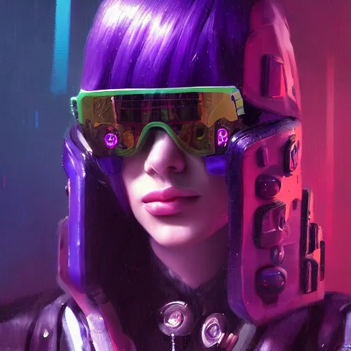 Image similar to very detailed masterpiece closeup painting of a very beautiful young mexican cyberpunk woman with blue shutter shades, one side haircut, dark purple hair, purple leather jacket, cyberpunk background, purple lighting, raining, portrait, artstation, concept art by greg rutkowski