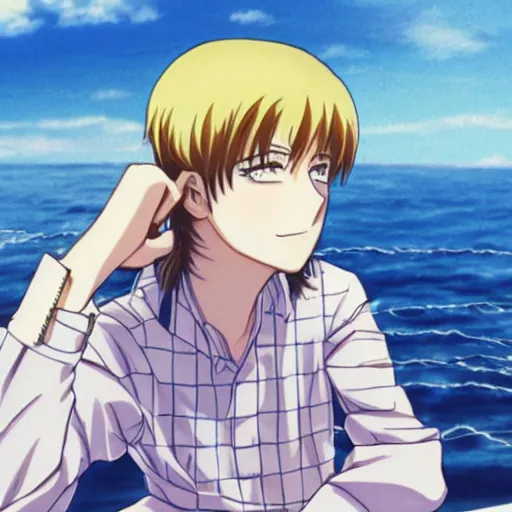 Prompt: anime illustration of young Paul McCartney from the Beatles, wearing a blue and white check shirt and watch, relaxing on a yacht at sea, ufotable