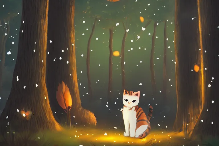 Prompt: a cat in a forest at night with fireflies, trending on artstation, furry art, by kawacy, night lighting, digital art, dreamy, bokeh