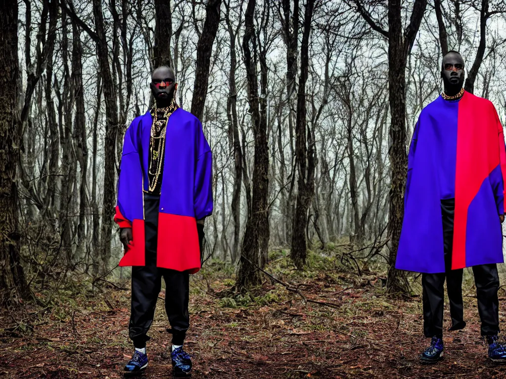 Prompt: versace avant garde male super oversized jacket blue purple red necklace textiles streetwear cyberpunk african american black skin shaved head trimmed beard in the woods overcast late evening dramatic professional color 8 k hdr