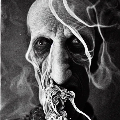 Image similar to photographic portrait of wrinkly sad max ernst dried melting floral fungus with spiraling cigarette smoke, in fog, medium long shot