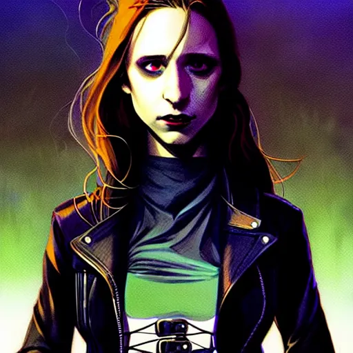 Image similar to rafael albuquerque comic art, peter mohrbacher, steve niles, artgerm, pretty taissa farmiga witch, symmetrical eyes, black leather jacket, jeans, long blonde hair