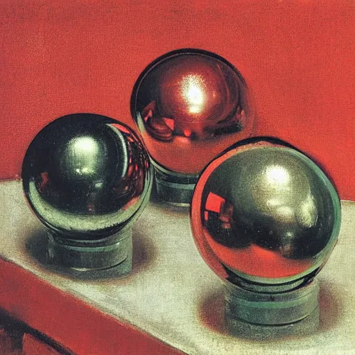 Prompt: chrome spheres on a red cube by frans hals