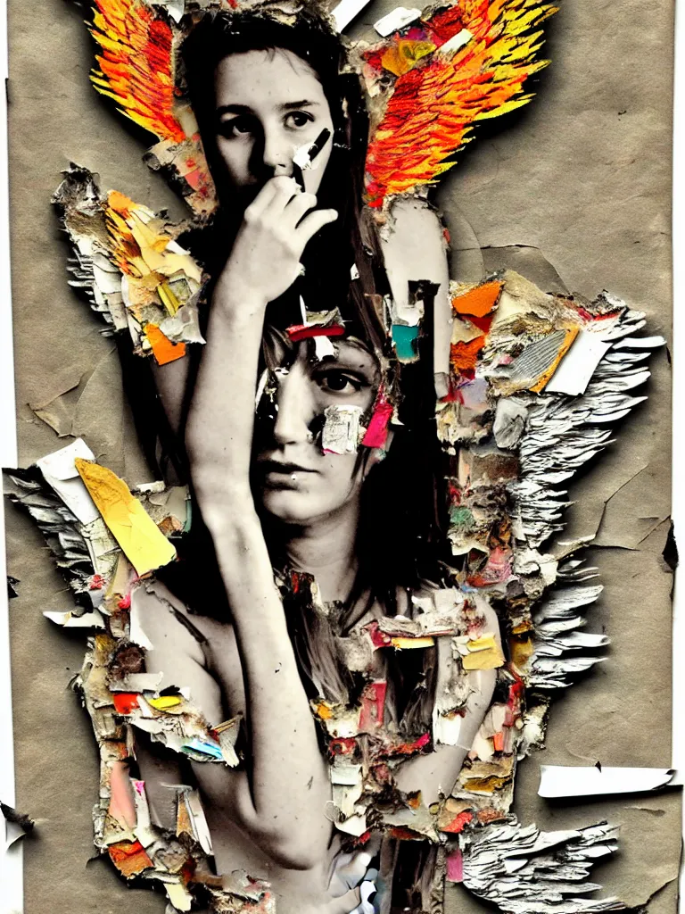 Prompt: a young adult angelgirl smoking a cigarette and ratty feathered angel wings, stressed and burnt out, collage effect, collaged, torn paper, torn paper collage, overexposure, overexposed, high exposure