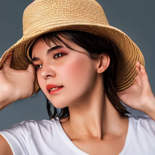 Prompt: beautiful woman wearing a white T-shirt and a straw hat, medium shot, photography, high quality, studio lighting, 4k,