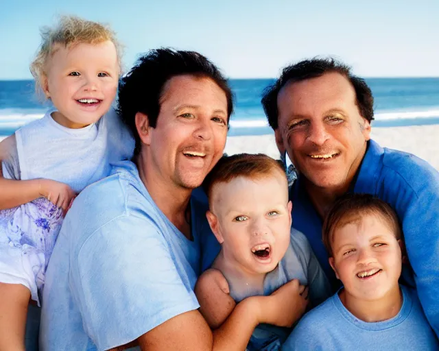 Prompt: portrait of a happy family at the beach, outdoor lighting, photo by annie leibovitz, realistic, smooth face, perfect eyes, wide angle, sharp focus