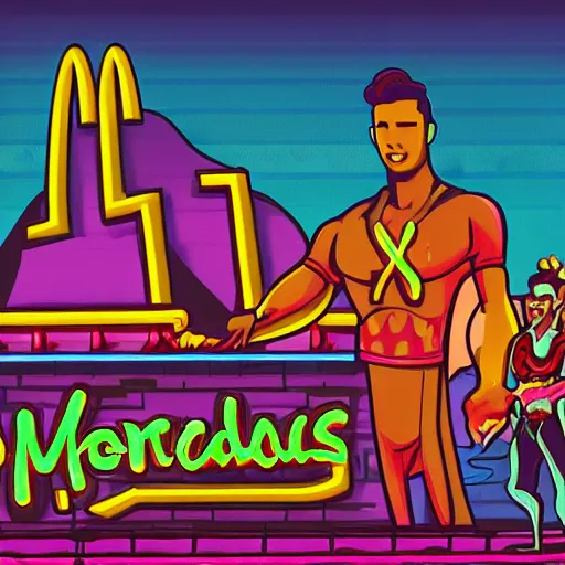 Image similar to mcdonald in kingdom of atlantis. fine art, trending on artstation, smooth draw synthwave neon,