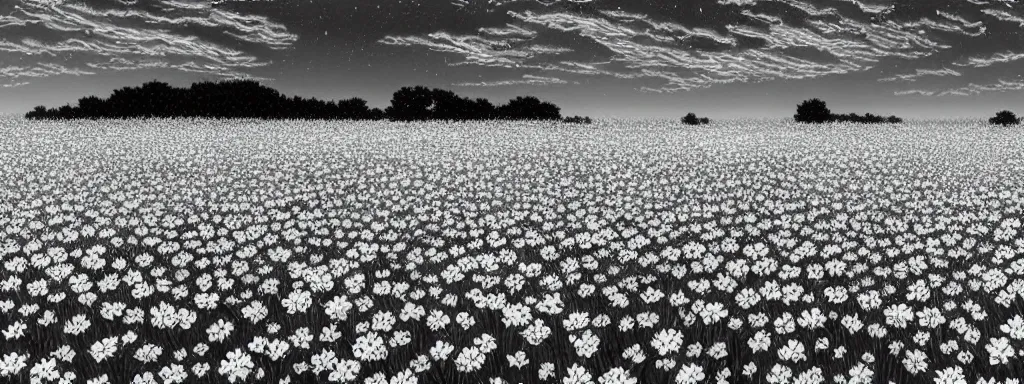 Image similar to A serene flower field at night by Kentaro Miura, highly detailed, black and white