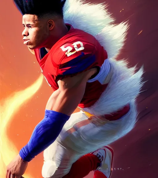 Prompt: highly detailed portrait of super saiyan saquon barkley ny giants football, unreal engine, fantasy art by greg rutkowski, loish, rhads, ferdinand knab, makoto shinkai and lois van baarle, ilya kuvshinov, rossdraws, tom bagshaw, global illumination, radiant light, detailed and intricate environment