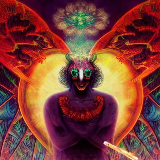 Image similar to 8K centered headshot Portrait of a psychedelic godlike mothman posing with a cigar with giant mandala wings smoking a hand-rolled cigarette smoking heavily , magic mushroom village in background , post-processing , award winning. superb resolution. in the art style of Satoshi Kon and Greg Rutkowski , Detailed Mushroom city in background , Hyper realistic anime , Perfect art , Dalle2