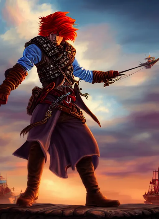 Image similar to An epic fantasy comic book style portrait painting of a long haired, red headed male sky-pirate in front of an airship in the style of the wheel of time, unreal 5, DAZ, hyperrealistic, octane render, cosplay, RPG portrait, dynamic lighting