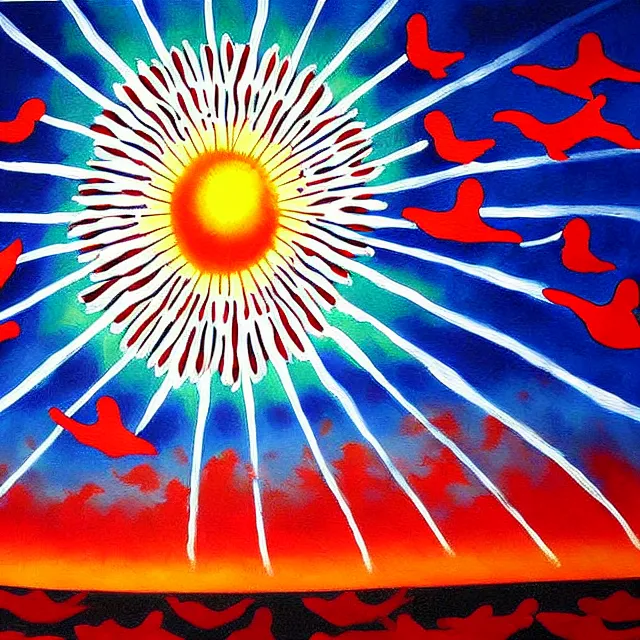 Image similar to a beautiful painting there were many doves of peace in the nuclear explosion, by kusama miyama realistic oil painting