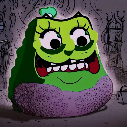Image similar to ominous mrs puff (spongebob) staring into your soul with realistic, slimy, scary, ambient lighting, rendered in blender, horror, gloomy, dark, terrifying, terror, frightful, super detailed octane render,