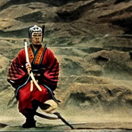 Image similar to scene from Kagemusha, 1980, movie still, cinematic, a samurai eating a delicious hot dog, epic,