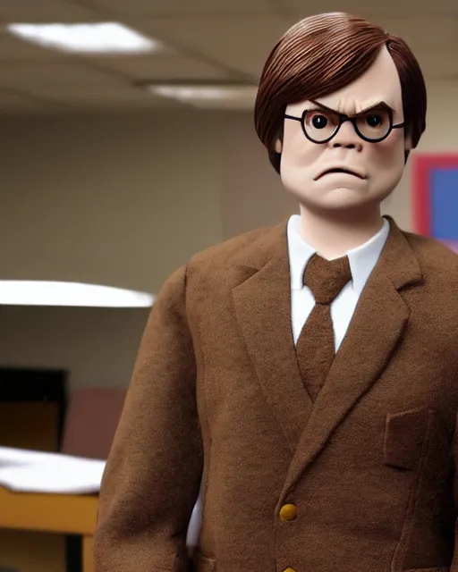 Image similar to a still if dwight schrute with brown suit as a muppet in the office. highly detailed felt. hyper real photo. 4 k.