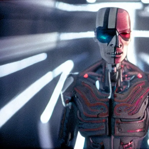 Image similar to movie still of cyborg david bowie, cinematic composition, cinematic light, criterion collection, by edgar wright