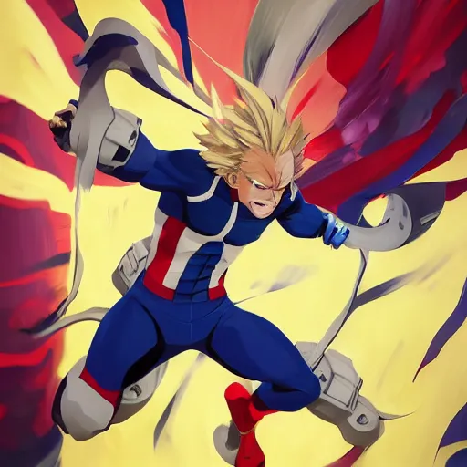 Image similar to all might from my hero academia, futuristic, gta 5 cover art, oil painting, comic book black lines, alot of paint smears, blonde sharp hair, hero outfit, fine details, sharp focus, intricate, realistic shaded perfect face, third dimensional, by cushart krenz, by makoto shinkai, by wlop, by artgerm