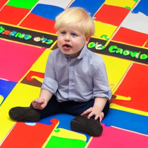 Image similar to Boris Johnson eating crayons while sitting on kindergarten puzzle floor, full body