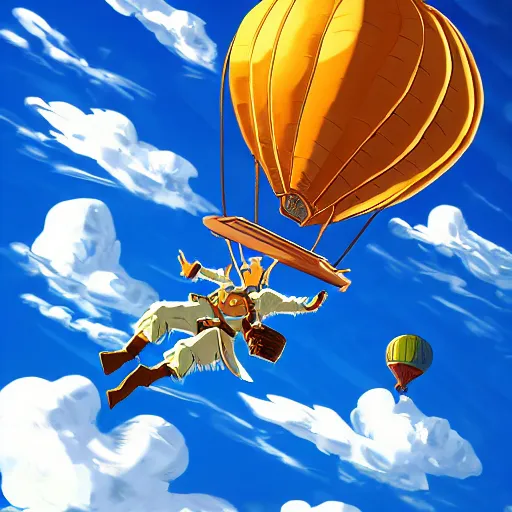 Image similar to cartoon of a ibis - headed man in a hot - air balloon floating in a sea of clouds, in the style of yusuke nakano, breath of the wild, trending on artstation, concept art, bronze age