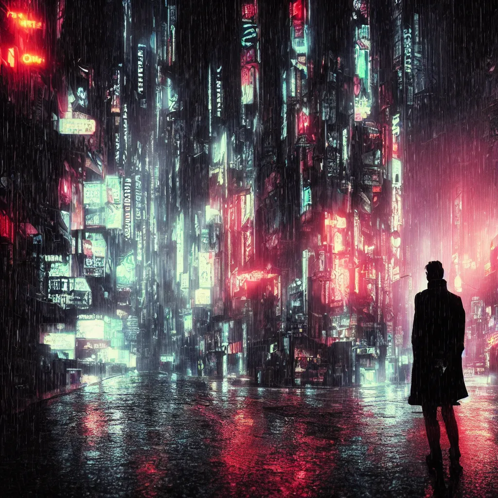 Image similar to dark city street in the rain, black cat standing in street, neon lights, cyberpunk, year 2 0 9 9, blade runner, octane render, 4 k