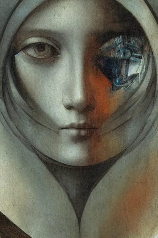 Image similar to a close - up portrait of a cyberpunk cyborg girl, by leonardo davinci, rule of thirds