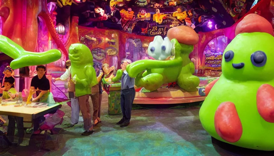 Image similar to 1990s photo of inside the Slime Friends Snow Potato Show ride at Universal Studios in Orlando, Florida, riding a hotdog through a dinner plate world, cinematic, UHD