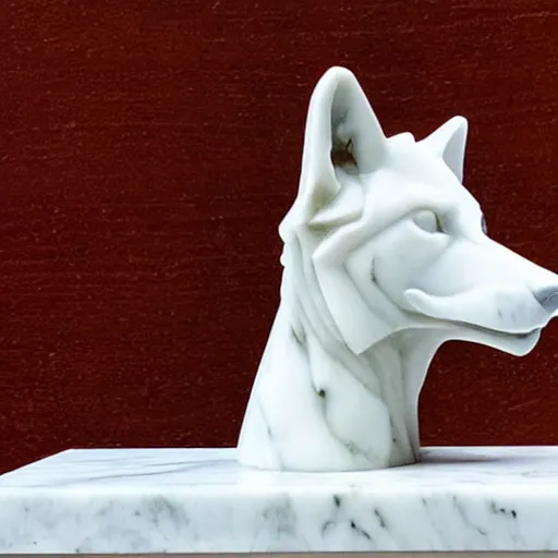 Image similar to a white marble statue of a wolf's head with gold filigree