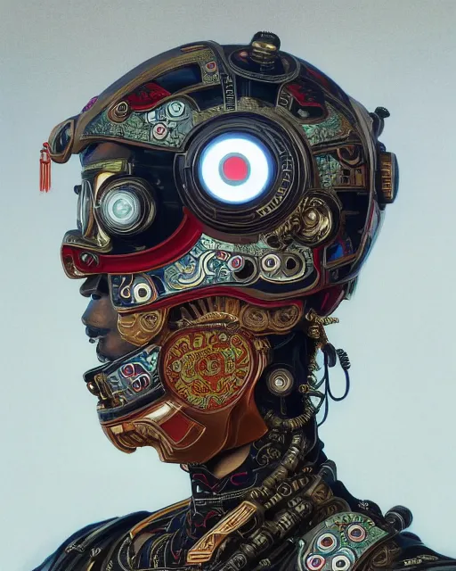 Image similar to portrait of a cyberpunk machine, machine face, upper half portrait, decorated with chinese opera motifs, asian, fine china, traditional chinese art, intricate, elegant, highly detailed, symmetry, headpiece, digital painting, artstation, concept art, smooth, sharp focus, illustration, art by artgerm and greg rutkowski and alphonse mucha, 8 k