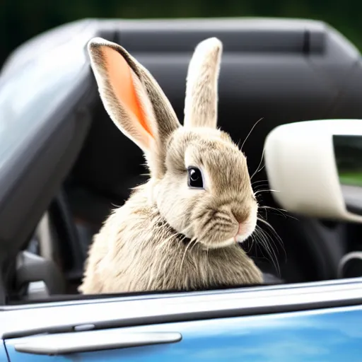 Image similar to a bunny driving a convertible, studio photo, high quality