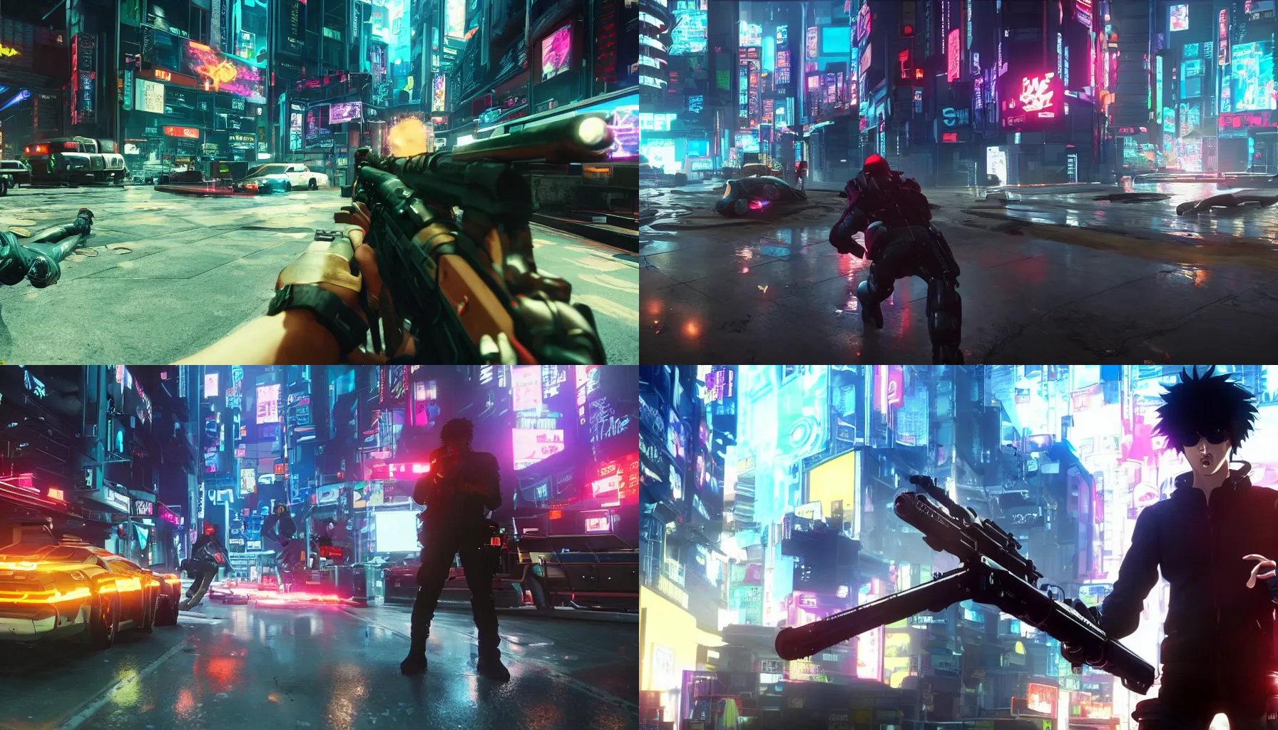 Prompt: an action packed screenshot of a multiplayer first person perspective bank robbery simulator game, Set in a fictional cyberpunk 1980, anime style graphics inspired by Ghost in the shell + Akira + Cowboy Bebop, Unreal engine, Highly Detailed, Vibrant, created by Arc System Works + Hideo Kojima