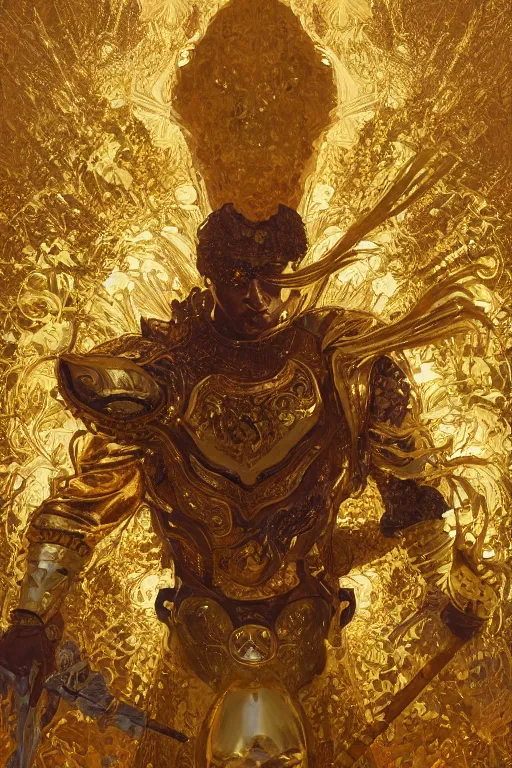 Prompt: eric andre in gold armor, gold hair, gold eyes, tanned skin, fantasy, intricate, highly detailed, digital painting, artstation, concept art, smooth, sharp focus, art by Artem Demura and Alphonse Mucha, ArtGerm, Valentina Remenar, Gaston Bussiere, Cedric Peyravernay